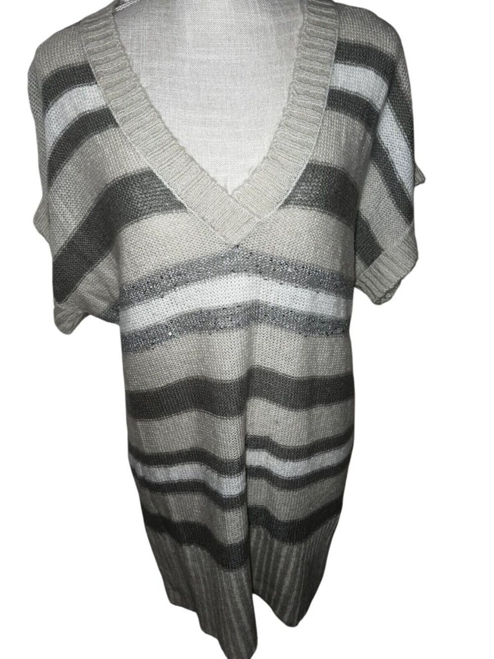Striped Knit Short-Sleeve Tunic Sweater With V-Neck Beige Gray M&S Size M
